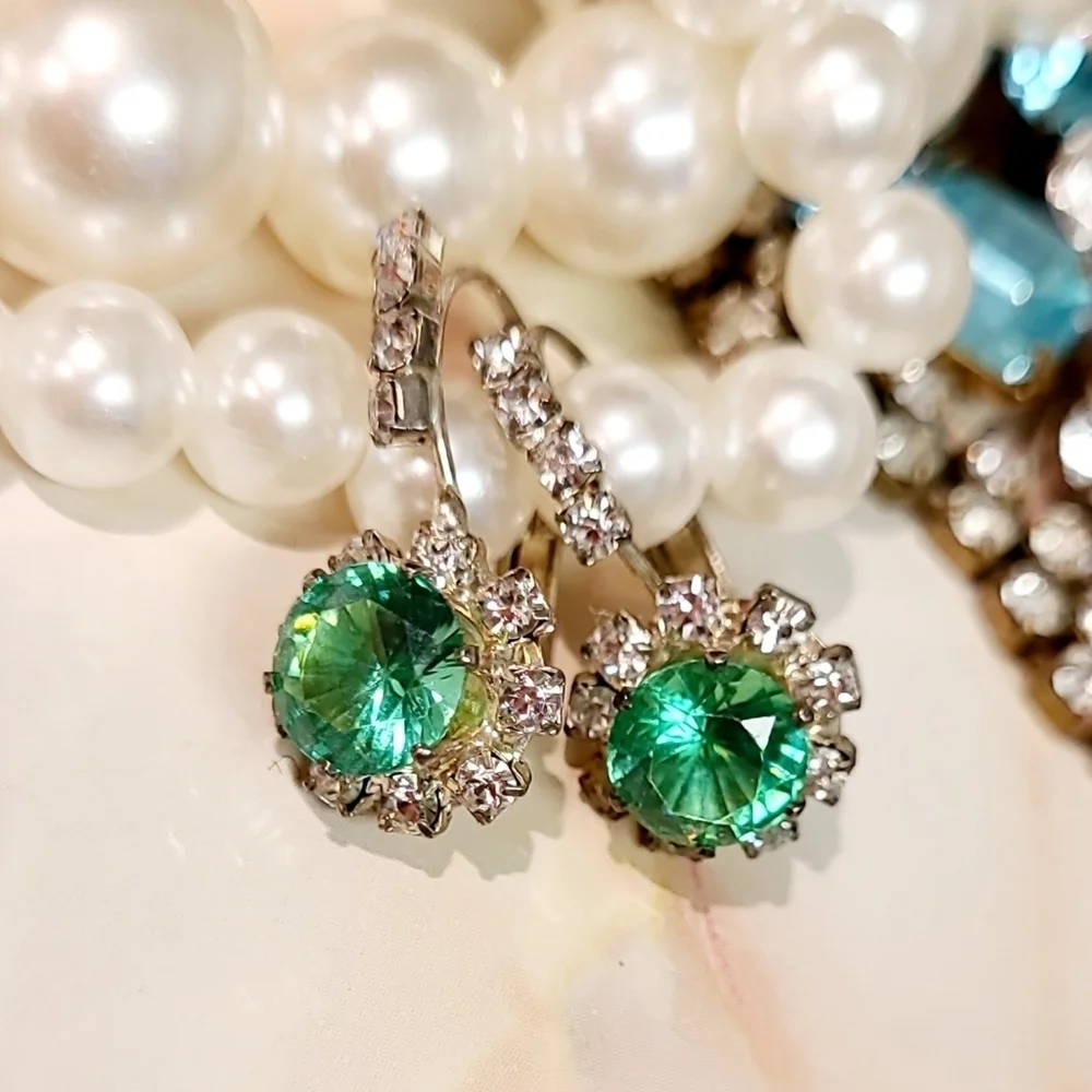 Vintage Green Crystal Rhinestone Lever back Earrings